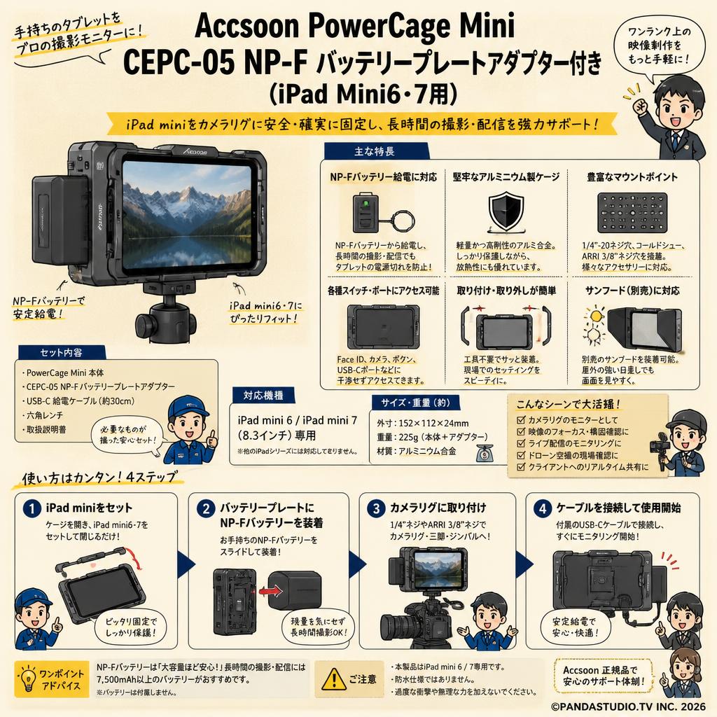 Accsoon PowerCage Mini CEPC-05 NP-F バッテリープレートアダプター付き (iPad Mini6・7用) おもな対象のお客様