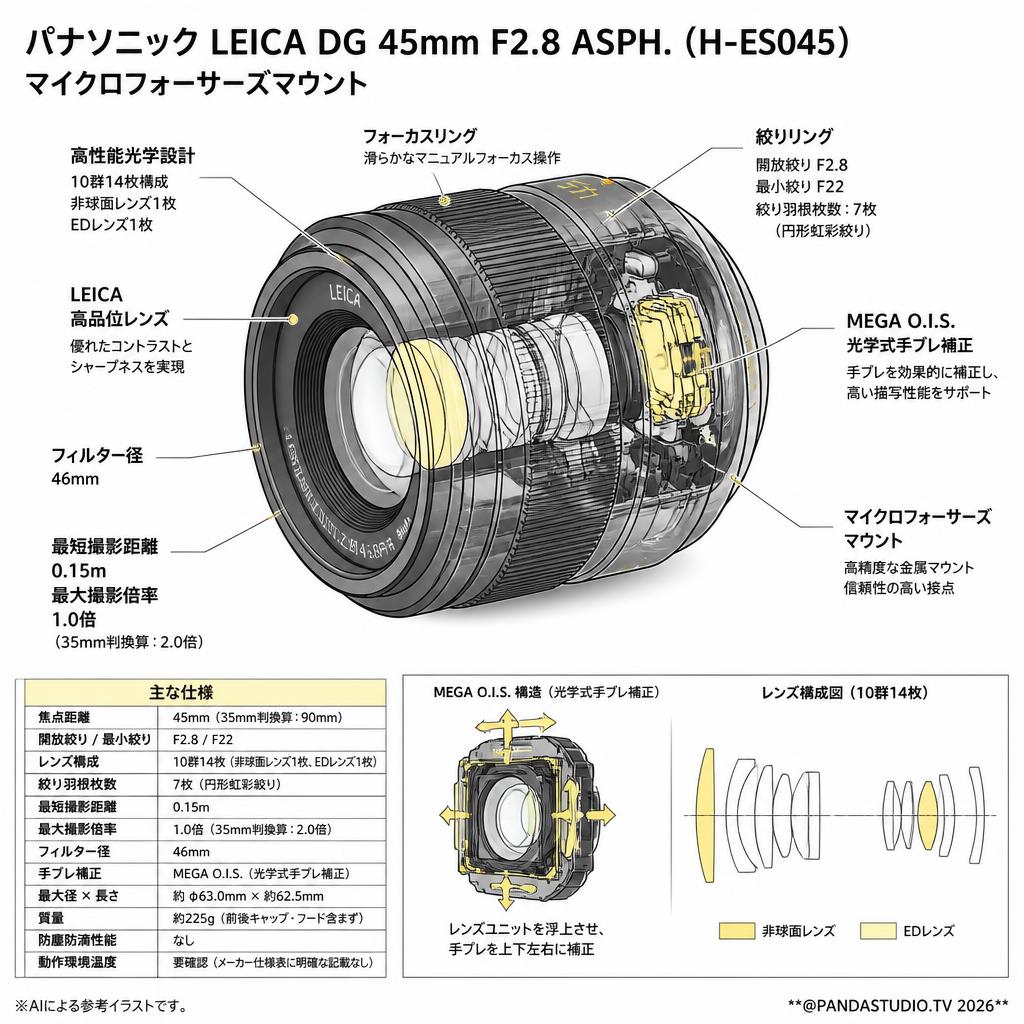 Panasonic LEICA DG 45 F2.8 ASPH H-ES045 マイクロフォーサーズ マウント スペック