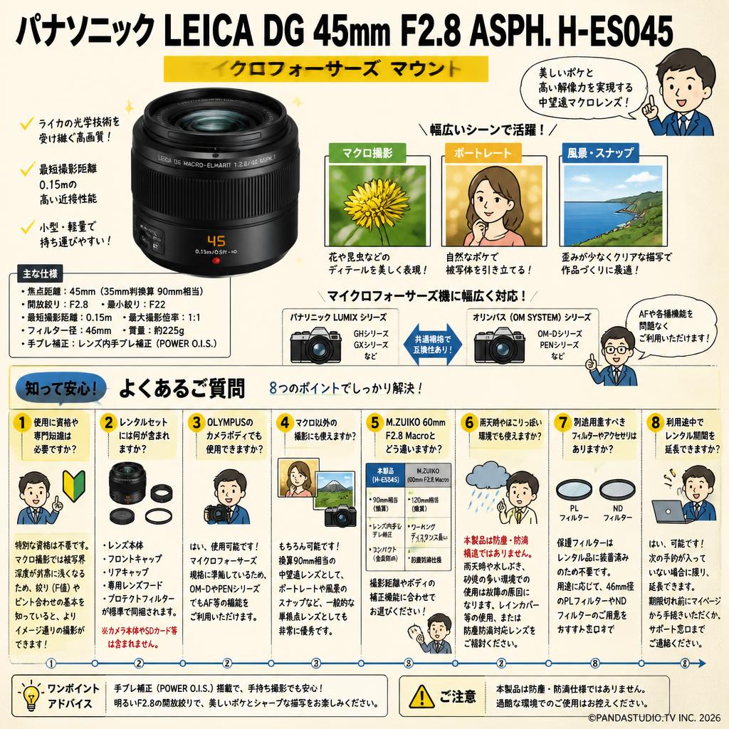 Panasonic LEICA DG 45 F2.8 ASPH H-ES045 マイクロフォーサーズ マウント FAQ（よくある質問と答え）