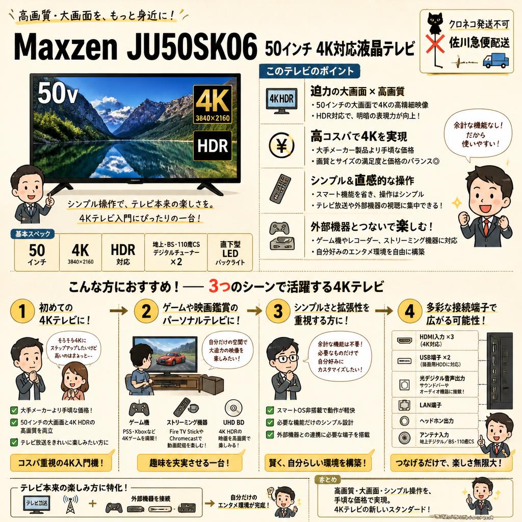 Maxzen JU50SK06 50インチ 4K対応液晶テレビ 【クロネコ発送不可/佐川急便配送】 おもな対象のお客様
