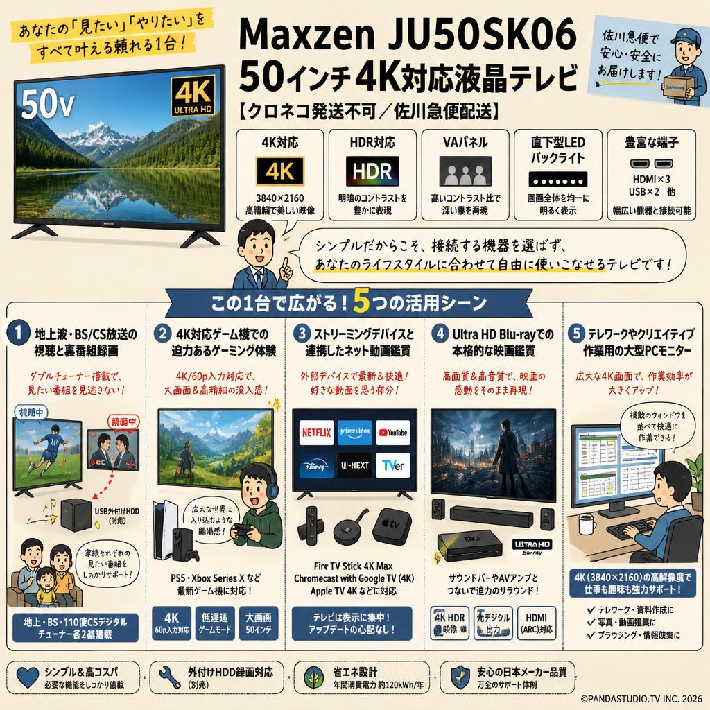 Maxzen JU50SK06 50インチ 4K対応液晶テレビ 【クロネコ発送不可/佐川急便配送】 用途