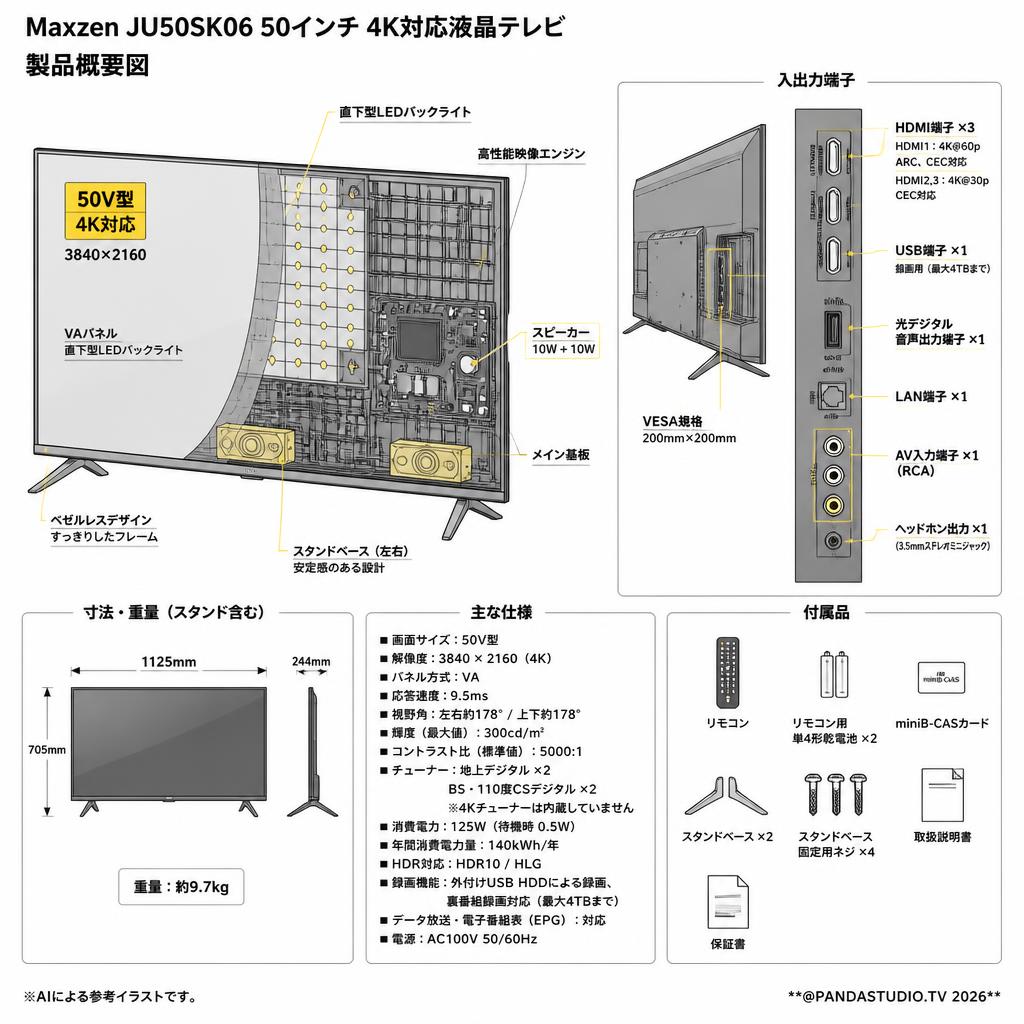 Maxzen JU50SK06 50インチ 4K対応液晶テレビ 【クロネコ発送不可/佐川急便配送】 スペック