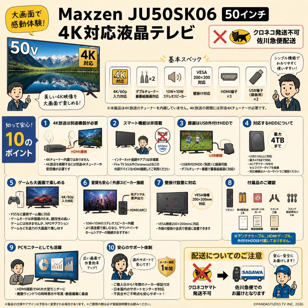 Maxzen JU50SK06 50インチ 4K対応液晶テレビ 【クロネコ発送不可/佐川急便配送】 FAQ（よくある質問と答え）