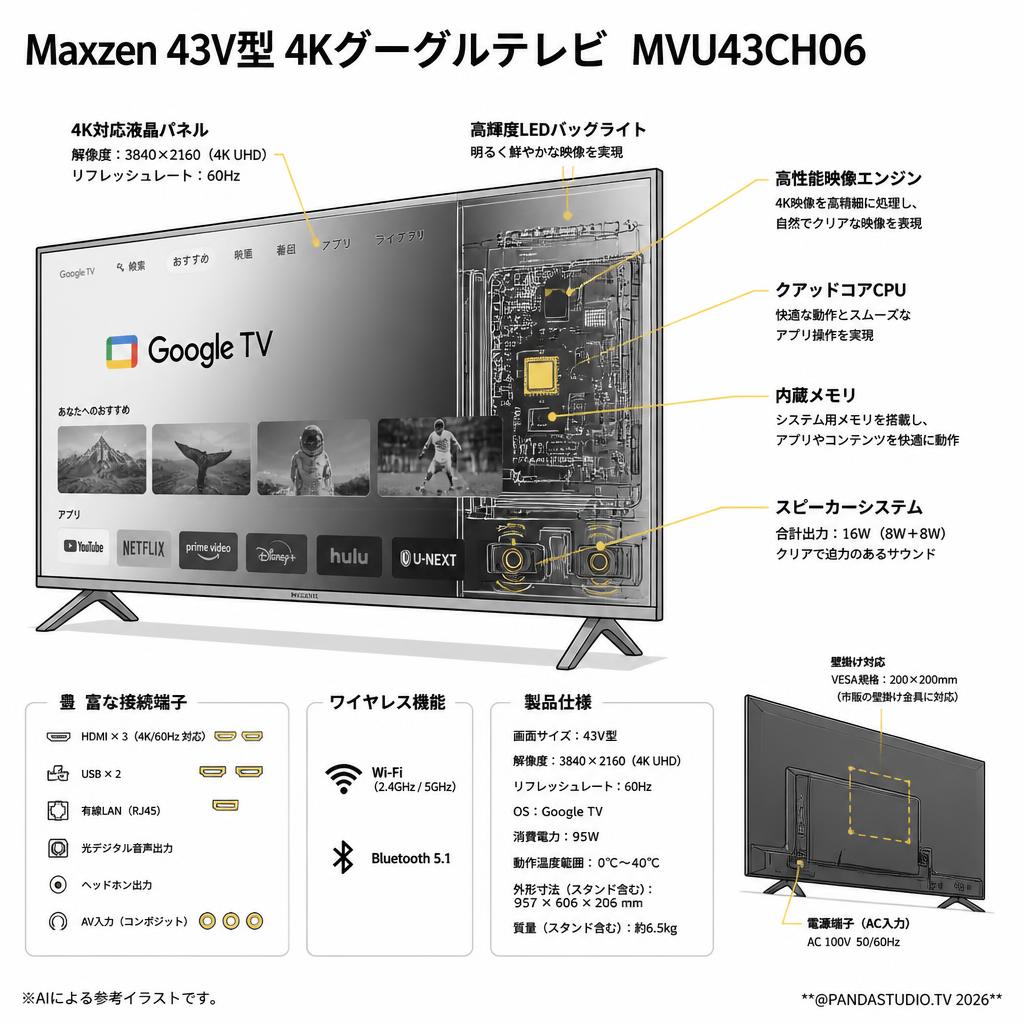 Maxzen 43V型 4Kグーグルテレビ  MVU43CH06 スペック
