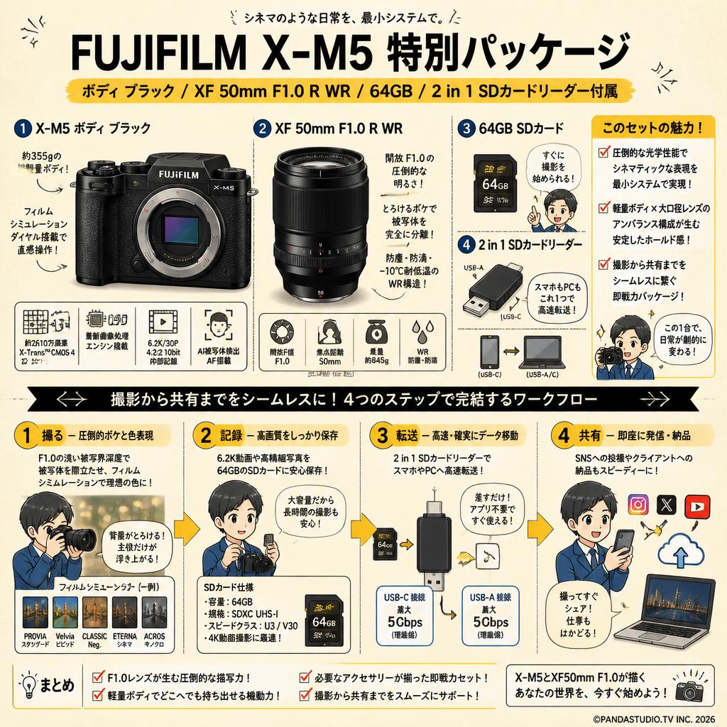 FUJIFILM X-M5 ボディ ブラック /  XF 50mm F1.0 R WR Xマウント / 64GB / 2 in 1 SDカードリーダー付属 概要