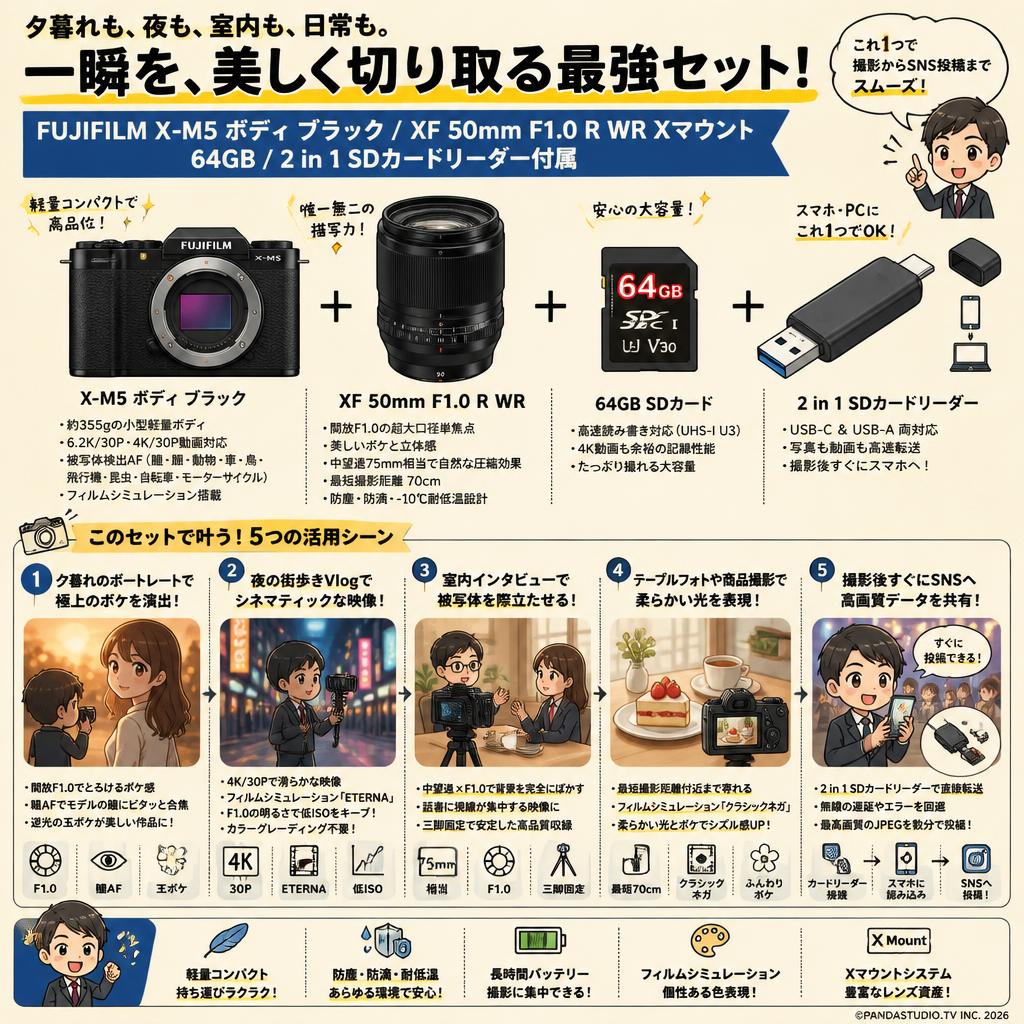 FUJIFILM X-M5 ボディ ブラック /  XF 50mm F1.0 R WR Xマウント / 64GB / 2 in 1 SDカードリーダー付属 用途