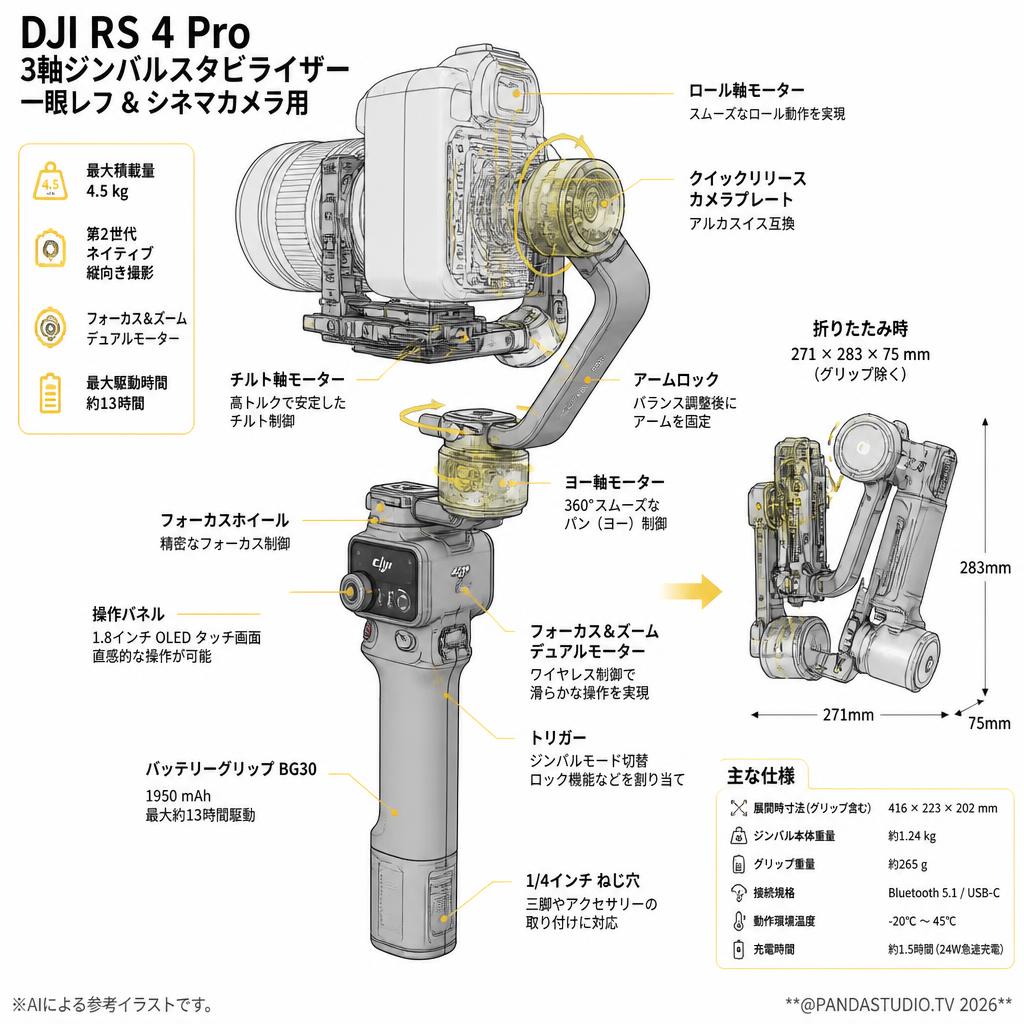 DJI RS 4 Pro 3軸ジンバルスタビライザー 一眼レフ & シネマカメラ用 Canon/Sony/Panasonic/Nikon/Fujifilm 第2世代ネイティブ縦向き撮影 積載量 4.5kg フォーカス＆ズーム デュアルモーター スペック