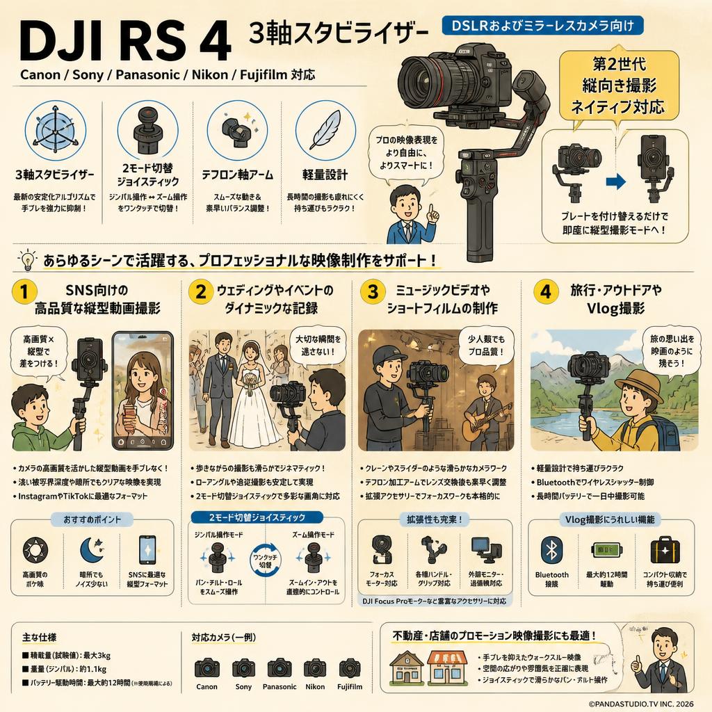 DJI RS 4 3軸スタビライザー‌‌ DSLRおよびミラーレスカメラ向け Canon/Sony/Panasonic/Nikon/Fujifilm 第2世代縦向き撮影ネイティブ対応 2モード切替ジョイスティック テフロン軸アーム カメラジンバル 用途