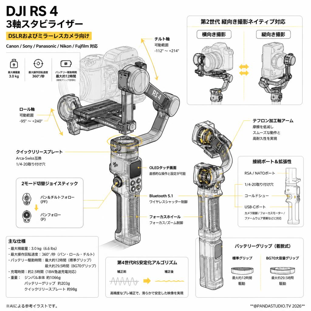 DJI RS 4 3軸スタビライザー‌‌ DSLRおよびミラーレスカメラ向け Canon/Sony/Panasonic/Nikon/Fujifilm 第2世代縦向き撮影ネイティブ対応 2モード切替ジョイスティック テフロン軸アーム カメラジンバル スペック