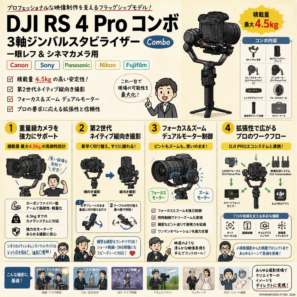 DJI RS 4 Pro コンボ Combo 3軸ジンバルスタビライザー 一眼レフ & シネマカメラ用 Canon/Sony/Panasonic/Nikon/Fujifilm 第2世代ネイティブ縦向き撮影 積載量 4.5kg フォーカス＆ズーム デュアルモーター 概要