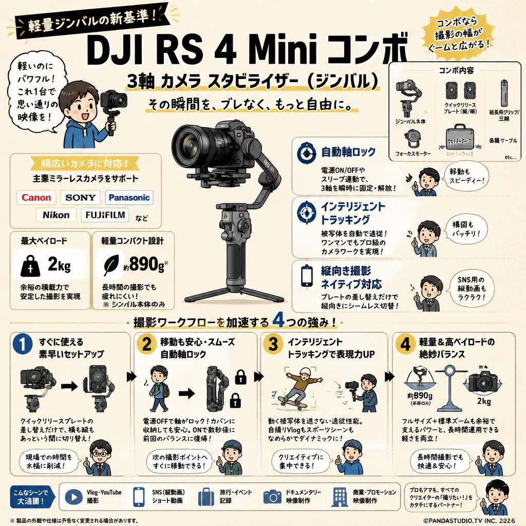 DJI RS 4 Mini コンボ Combo 3軸 カメラ スタビライザー ジンバル Canon/Sony/Panasonic/Nikon/Fujifilm 自動軸ロック 2kgペイロード インテリジェントトラッキング 縦向き撮影ネイティブ対応 概要
