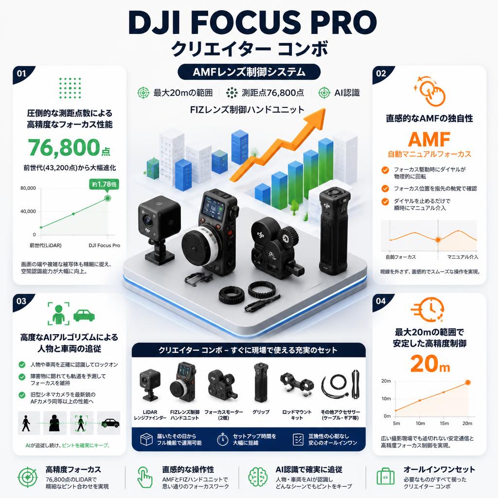 DJI Focus Pro クリエイター コンボ AMFレンズ制御システム 最大20 mの範囲 測距点76,800点 AI認識 FIZレンズ制御ハンドユニット セールスポイント