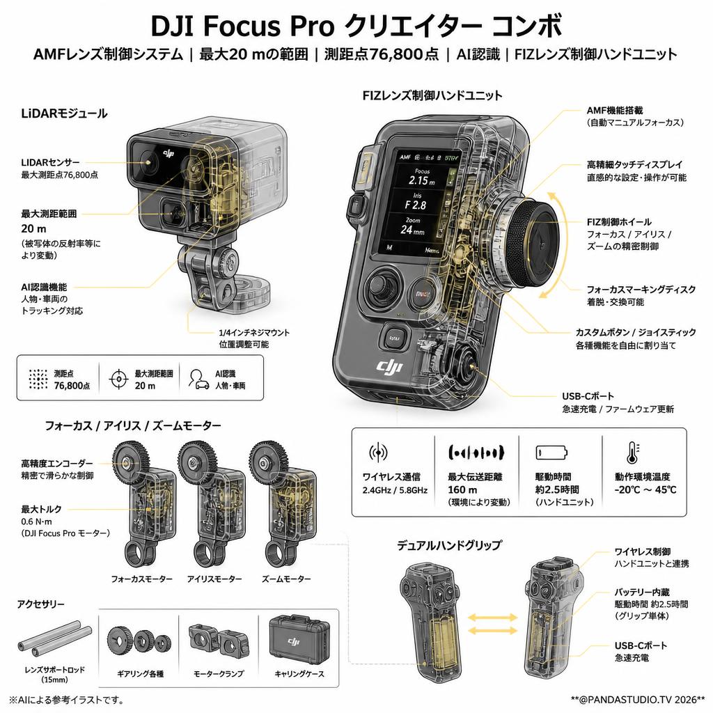 DJI Focus Pro クリエイター コンボ AMFレンズ制御システム 最大20 mの範囲 測距点76,800点 AI認識 FIZレンズ制御ハンドユニット スペック