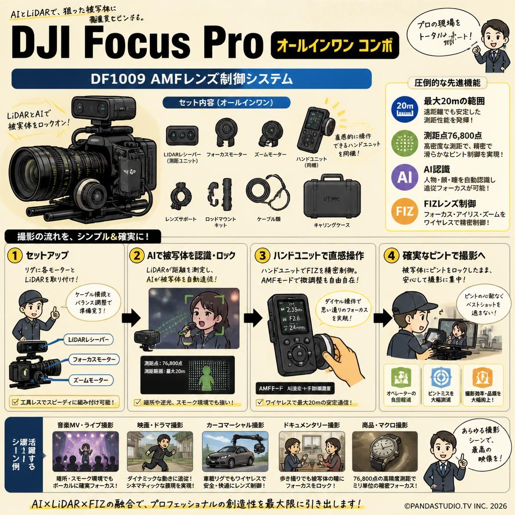 DJI Focus Pro オールインワン コンボ DF1009 AMFレンズ制御システム 最大20 mの範囲 測距点76,800 点 AI認識 FIZレンズ制御 さらにハンドユニットを同梱 用途
