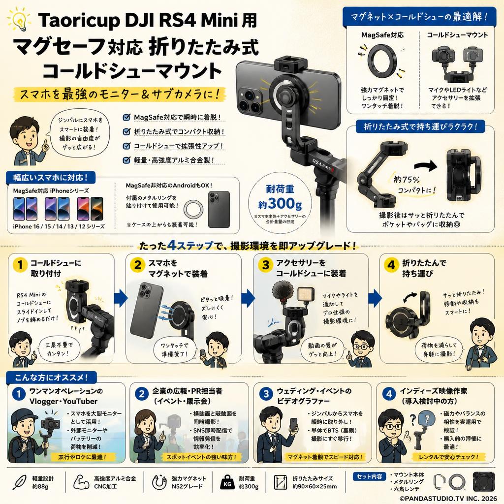 Taoricup DJI RS4 Mini 用マグセーフ 対応 折りたたみ式コールドシューマウント iPhone16/15/14/13/12/Androidに対応 おもな対象のお客様
