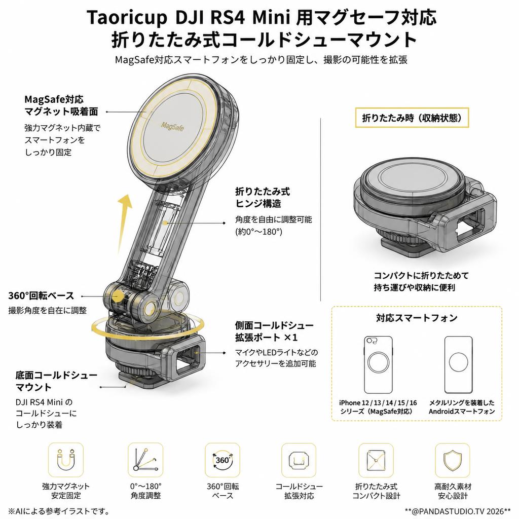 Taoricup DJI RS4 Mini 用マグセーフ 対応 折りたたみ式コールドシューマウント iPhone16/15/14/13/12/Androidに対応 スペック