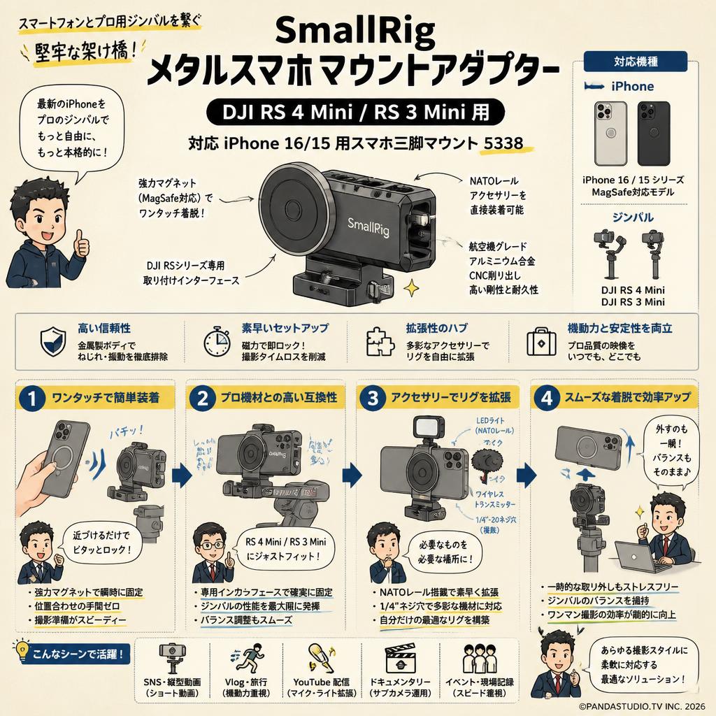 SmallRig メタルスマホマウントアダプター DJI RS 4 Mini / RS 3 Mini 用 対応 iPhone 16/15用スマホ三脚マウント 5338 概要