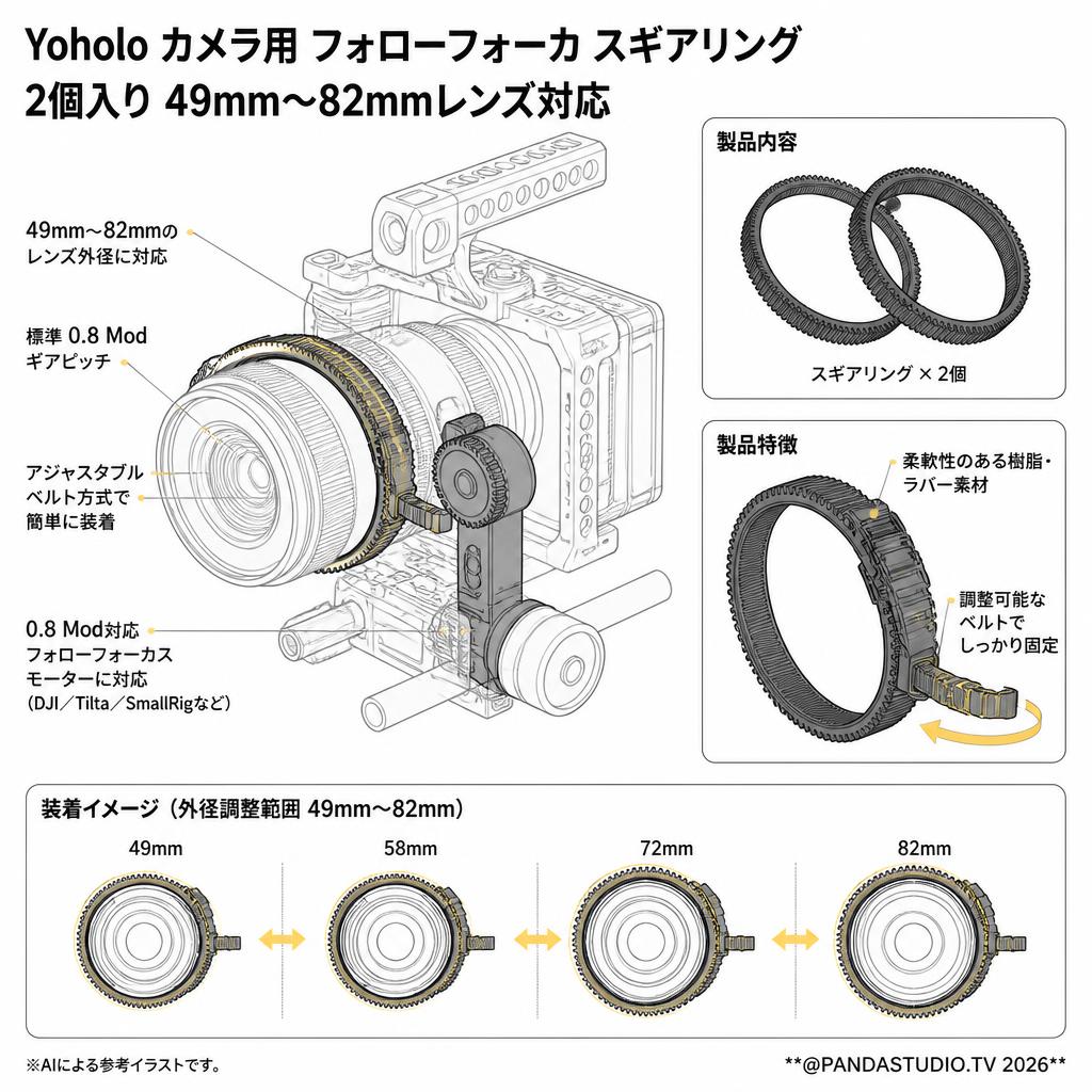 Yoholo カメラ用 フォローフォーカ スギアリング 2個入り 49mm～82mmレンズ対応 スペック
