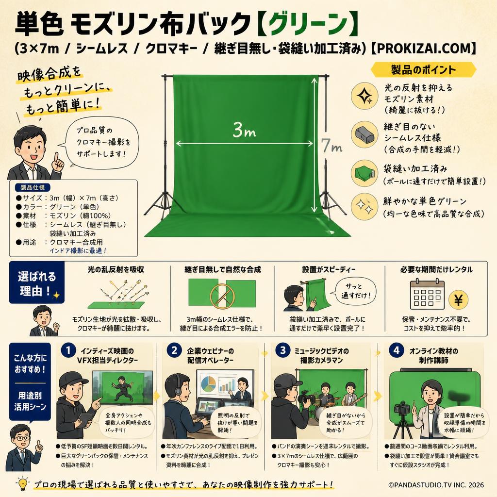 単色 モズリン布バック【グリーン】(3×7m / シームレス /  クロマキー/ 継ぎ目無し・袋縫い加工済み)【PROKIZAI.COM】 おもな対象のお客様