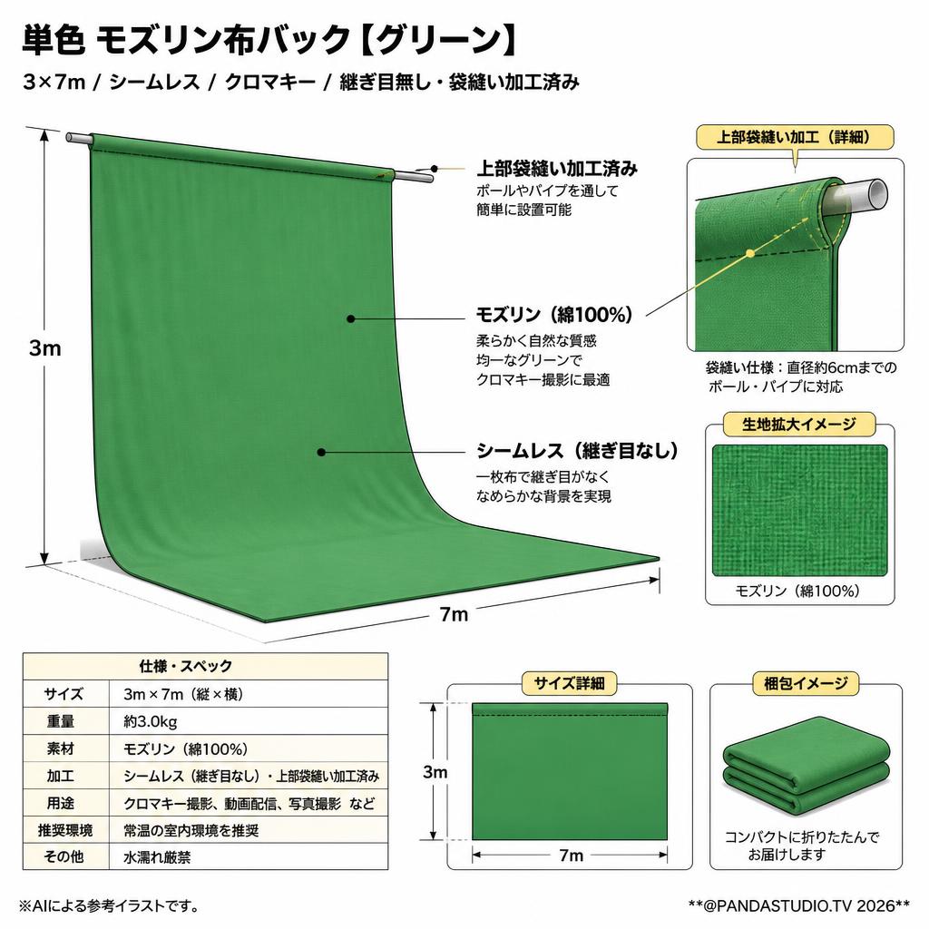 単色 モズリン布バック【グリーン】(3×7m / シームレス /  クロマキー/ 継ぎ目無し・袋縫い加工済み)【PROKIZAI.COM】 スペック
