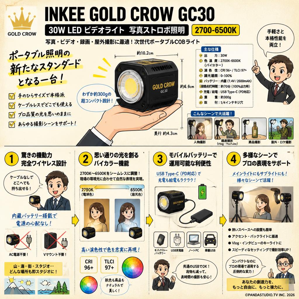 INKEE GOLD CROW GC30  30W LED ビデオライト写真ストロボ照明 2700-6500K 写真ビデオ録画屋外撮影【PROKIZAI.COM】 概要