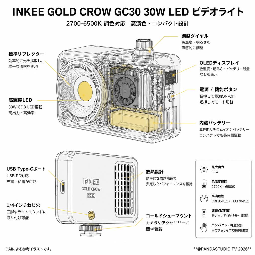 INKEE GOLD CROW GC30  30W LED ビデオライト写真ストロボ照明 2700-6500K 写真ビデオ録画屋外撮影【PROKIZAI.COM】 スペック