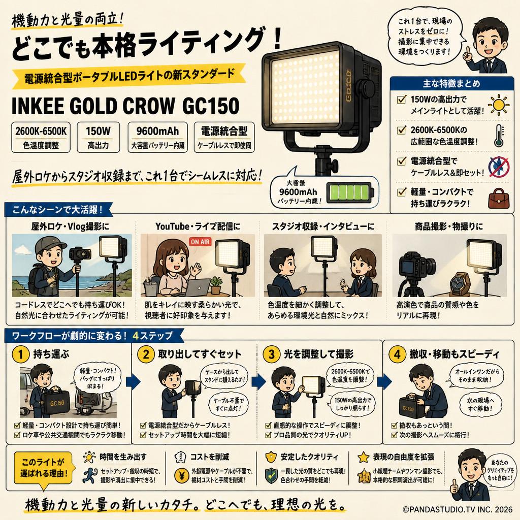 INKEE GOLD CROW GC150  2600K-6500K 150W 電源統合 LED ライト 9600mAh フィルライト屋外 YouTube スタジオ録画用【PROKIZAI.COM】 概要