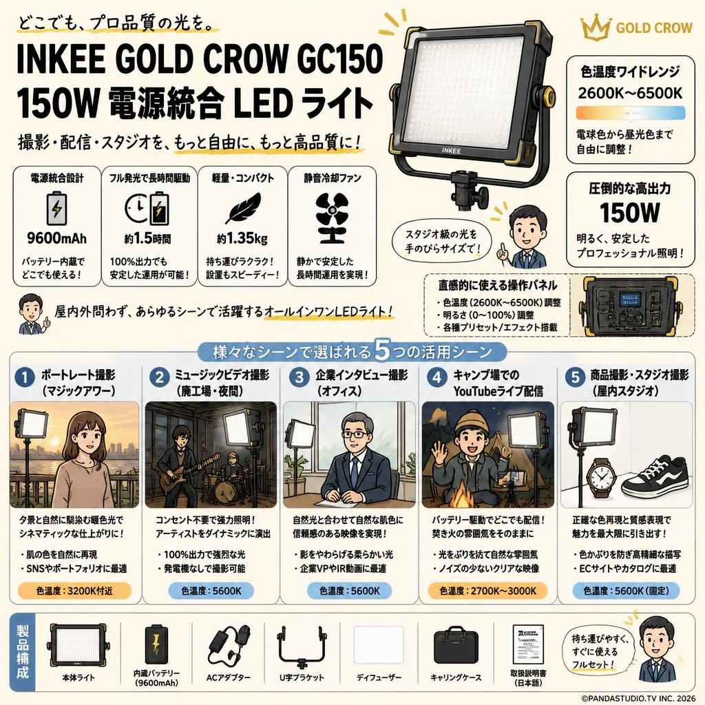 INKEE GOLD CROW GC150  2600K-6500K 150W 電源統合 LED ライト 9600mAh フィルライト屋外 YouTube スタジオ録画用【PROKIZAI.COM】 用途