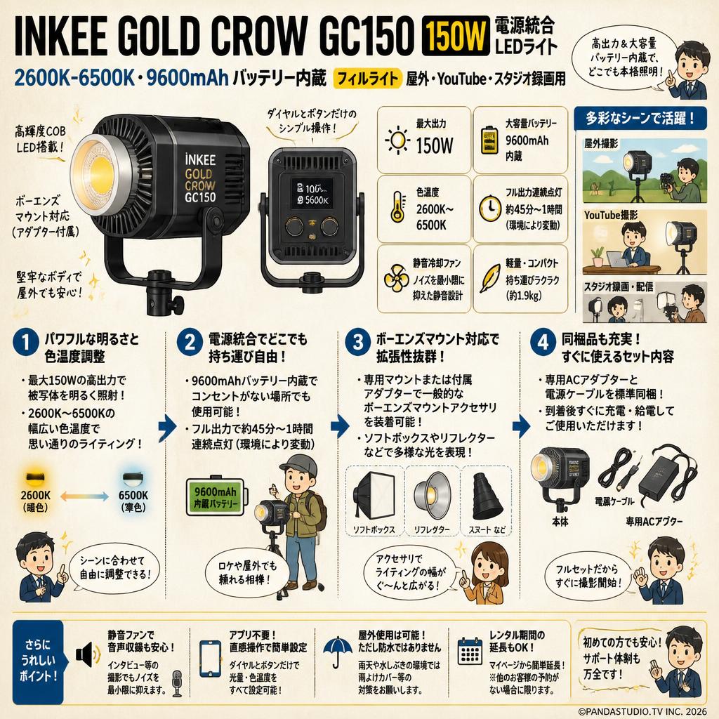 INKEE GOLD CROW GC150  2600K-6500K 150W 電源統合 LED ライト 9600mAh フィルライト屋外 YouTube スタジオ録画用【PROKIZAI.COM】 FAQ（よくある質問と答え）