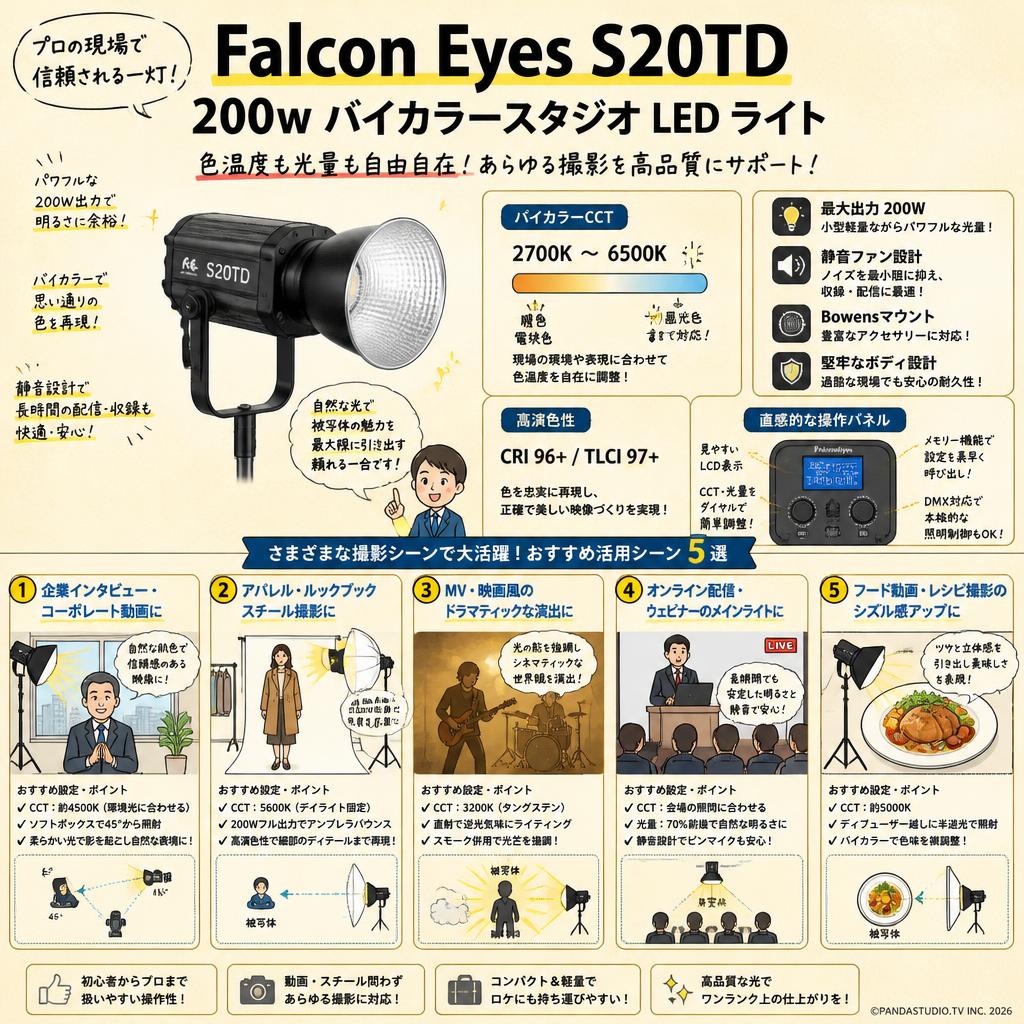 Falcon Eyes S20TD 200w バイカラースタジオ LED ライト【PROKIZAI.COM】 用途