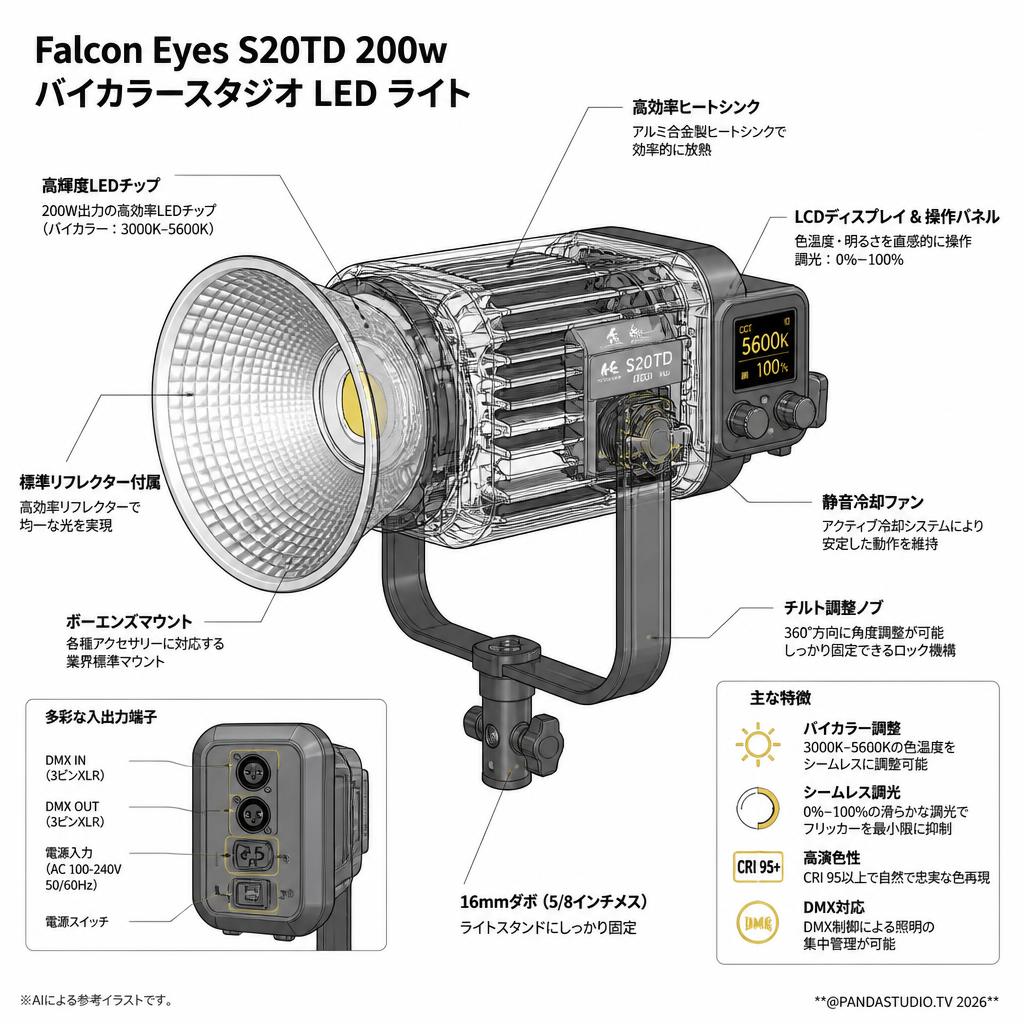 Falcon Eyes S20TD 200w バイカラースタジオ LED ライト【PROKIZAI.COM】 スペック