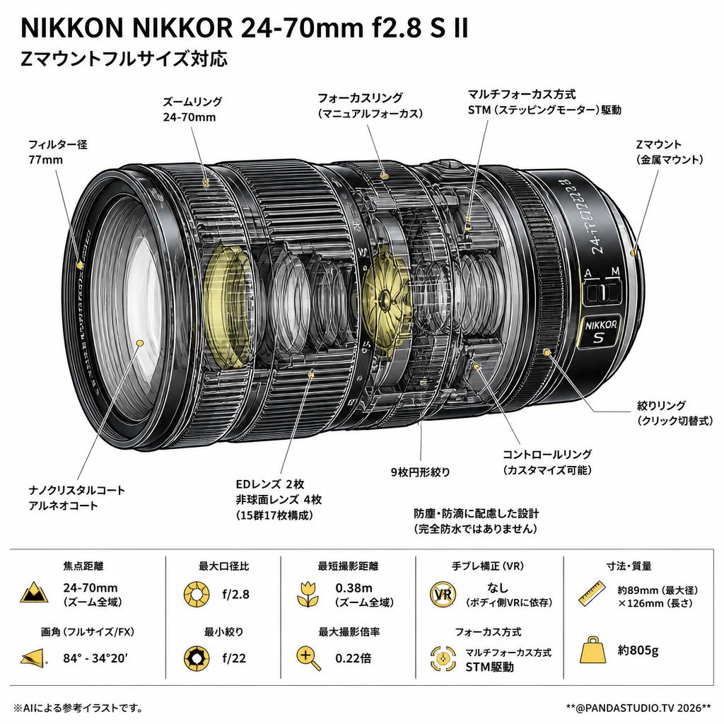 NIKKON NIKKOR 24-70mm f2.8 S II Zマウントフルサイズ対応 スペック
