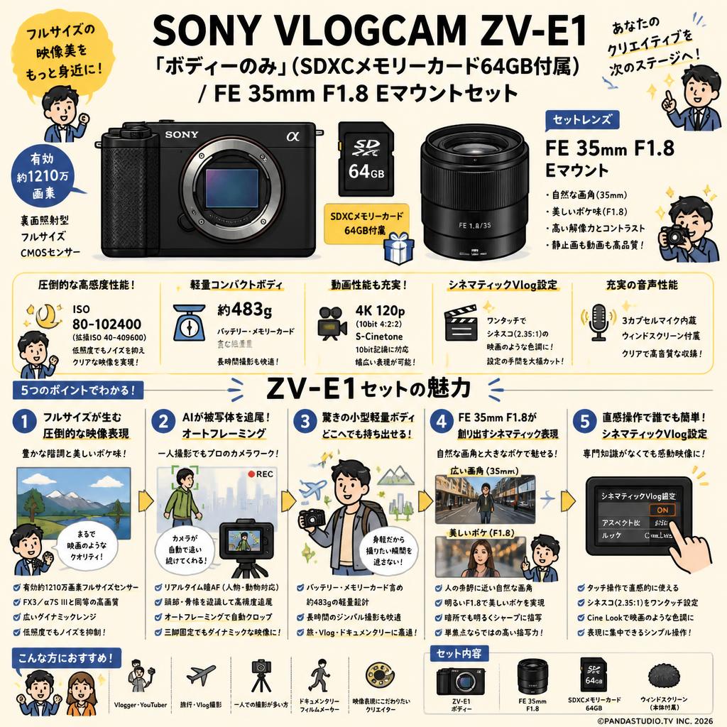 SONY VLOGCAM ZV-E1「ボディーのみ」(SDXCメモリーカード64GB付属) / FE 35mm F1.8 Eマウントセット 概要