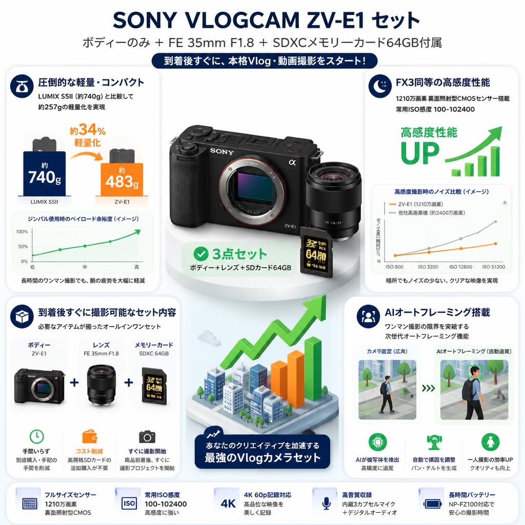 SONY VLOGCAM ZV-E1「ボディーのみ」(SDXCメモリーカード64GB付属) / FE 35mm F1.8 Eマウントセット セールスポイント