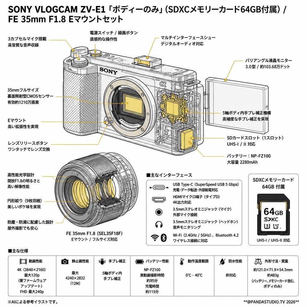SONY VLOGCAM ZV-E1「ボディーのみ」(SDXCメモリーカード64GB付属) / FE 35mm F1.8 Eマウントセット スペック