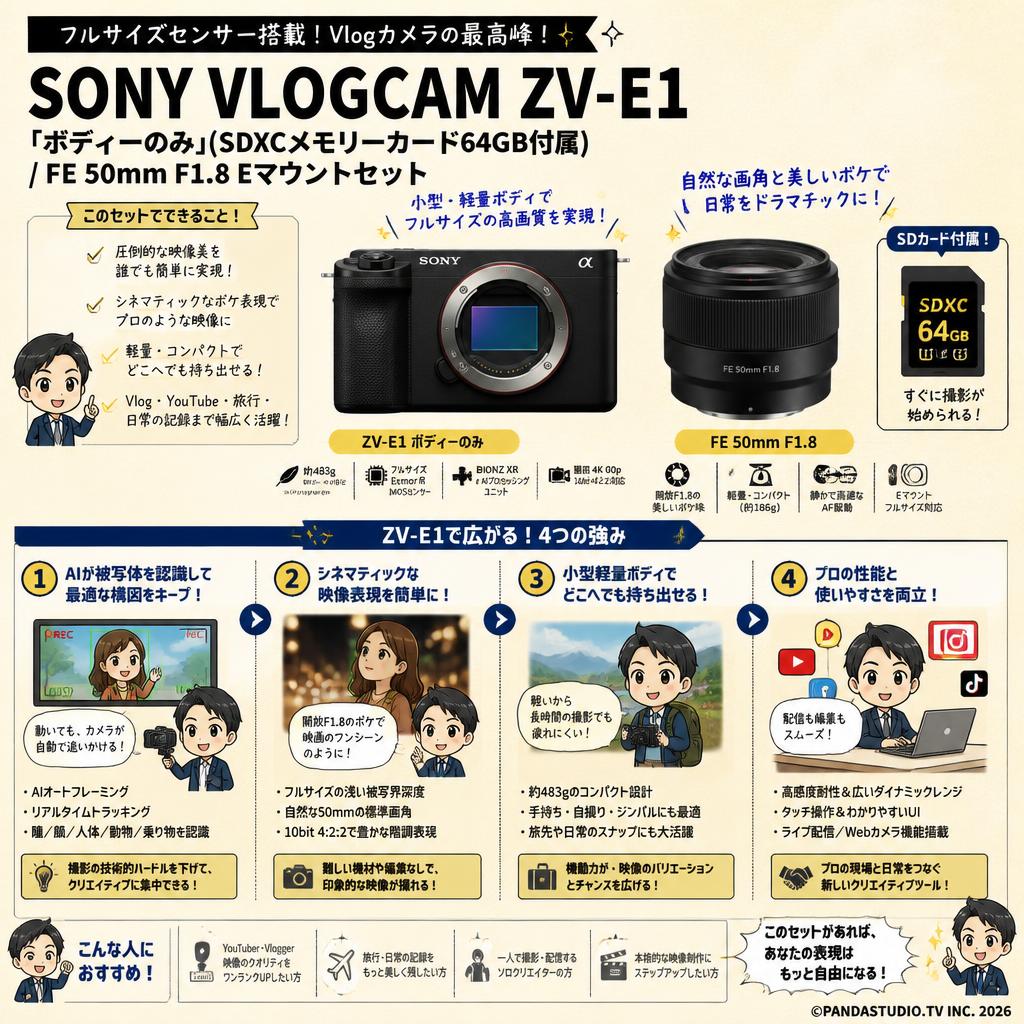 SONY VLOGCAM ZV-E1「ボディーのみ」(SDXCメモリーカード64GB付属) / FE 50mm F1.8 Eマウントセット 概要