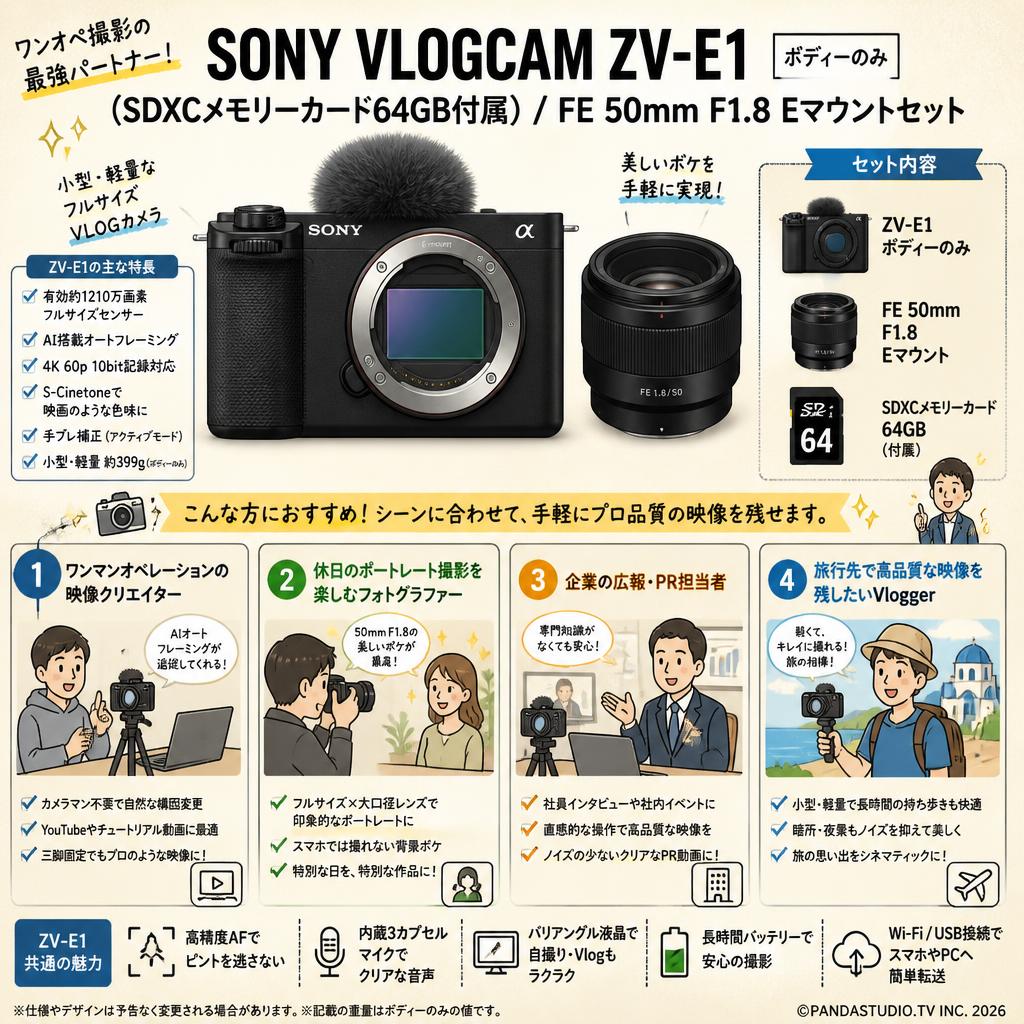 SONY VLOGCAM ZV-E1「ボディーのみ」(SDXCメモリーカード64GB付属) / FE 50mm F1.8 Eマウントセット おもな対象のお客様