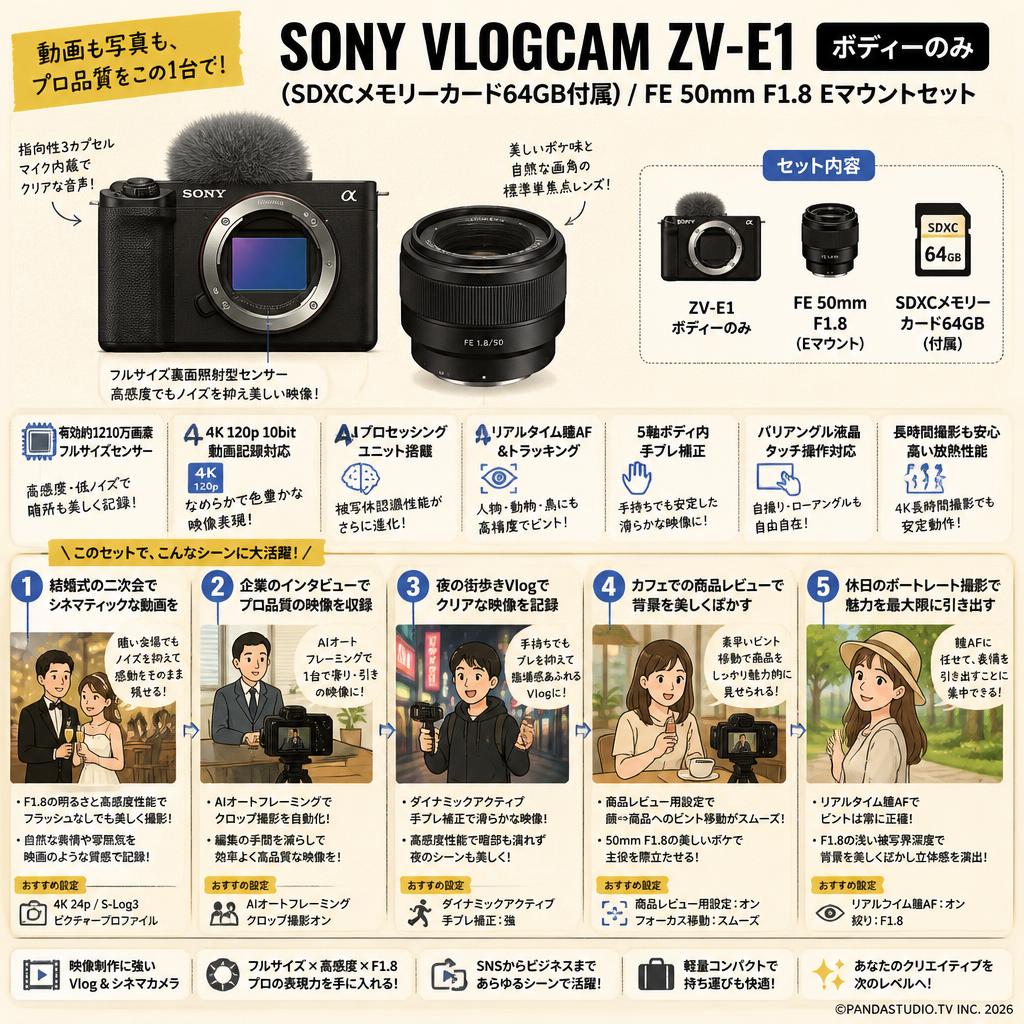 SONY VLOGCAM ZV-E1「ボディーのみ」(SDXCメモリーカード64GB付属) / FE 50mm F1.8 Eマウントセット 用途