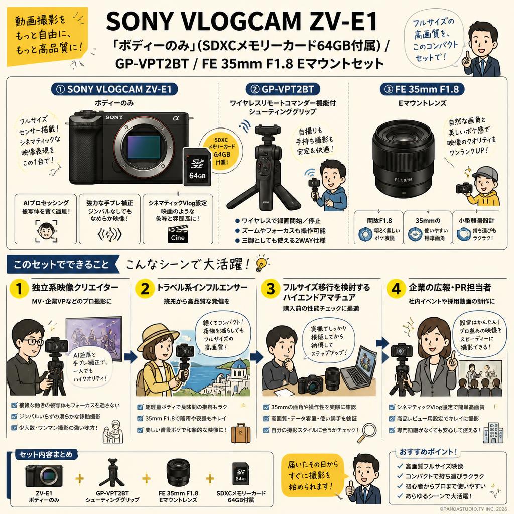 SONY VLOGCAM ZV-E1「ボディーのみ」(SDXCメモリーカード64GB付属) /  GP-VPT2BT / FE 35mm F1.8 Eマウントセット おもな対象のお客様