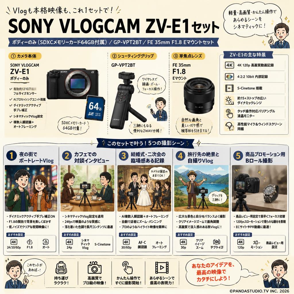 SONY VLOGCAM ZV-E1「ボディーのみ」(SDXCメモリーカード64GB付属) /  GP-VPT2BT / FE 35mm F1.8 Eマウントセット 用途