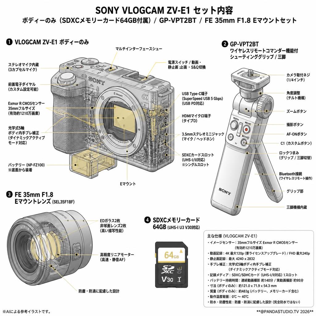 SONY VLOGCAM ZV-E1「ボディーのみ」(SDXCメモリーカード64GB付属) /  GP-VPT2BT / FE 35mm F1.8 Eマウントセット スペック