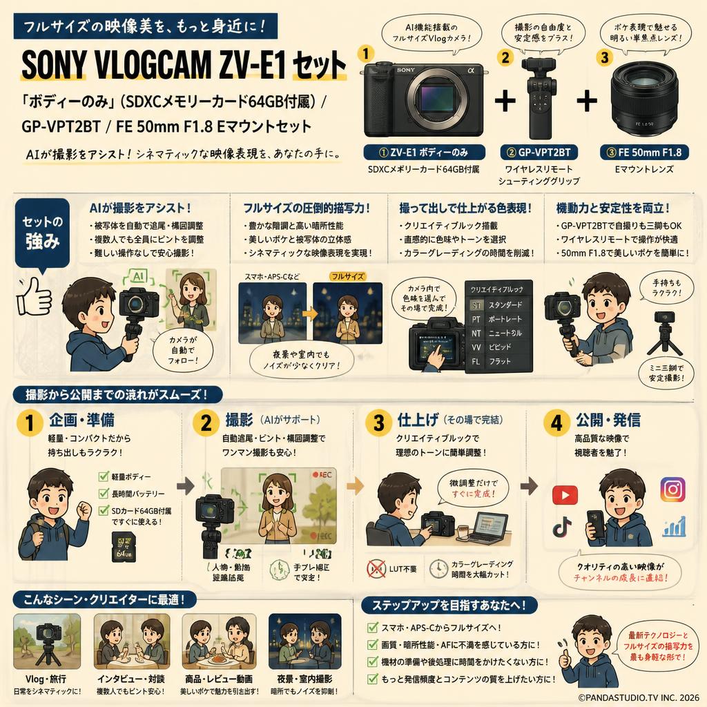 SONY VLOGCAM ZV-E1「ボディーのみ」(SDXCメモリーカード64GB付属) /  GP-VPT2BT / FE 50mm F1.8 Eマウントセット 概要