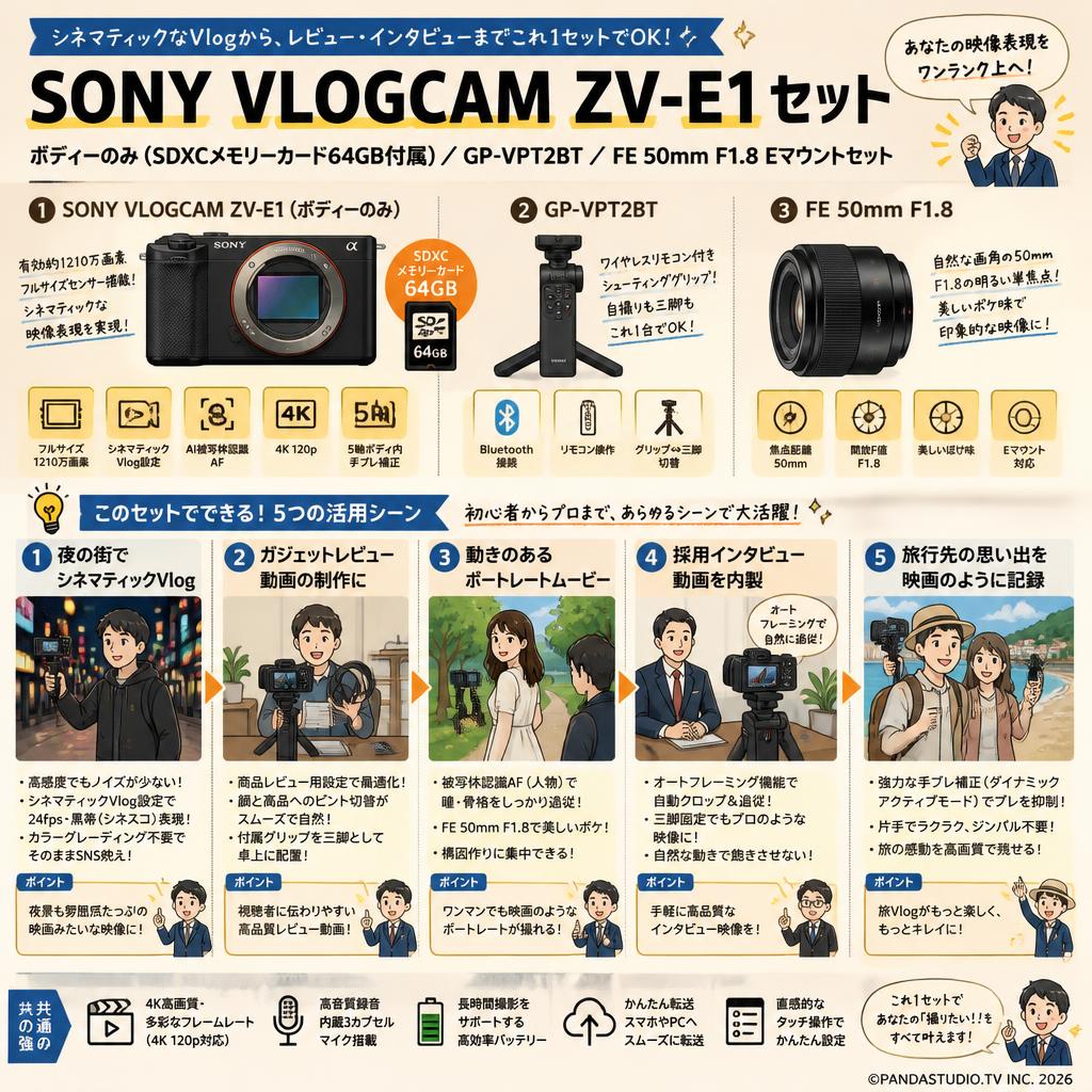 SONY VLOGCAM ZV-E1「ボディーのみ」(SDXCメモリーカード64GB付属) /  GP-VPT2BT / FE 50mm F1.8 Eマウントセット 用途
