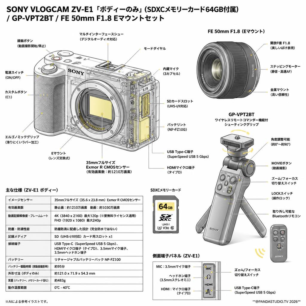 SONY VLOGCAM ZV-E1「ボディーのみ」(SDXCメモリーカード64GB付属) /  GP-VPT2BT / FE 50mm F1.8 Eマウントセット スペック
