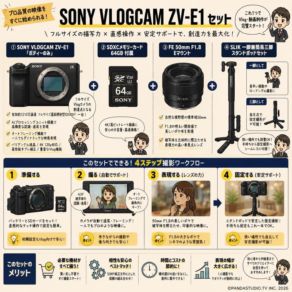 SONY VLOGCAM ZV-E1「ボディーのみ」(SDXCメモリーカード64GB付属) / FE 50mm F1.8 Eマウント / SLIK 一脚兼簡易三脚 スタンドポッドセット 概要