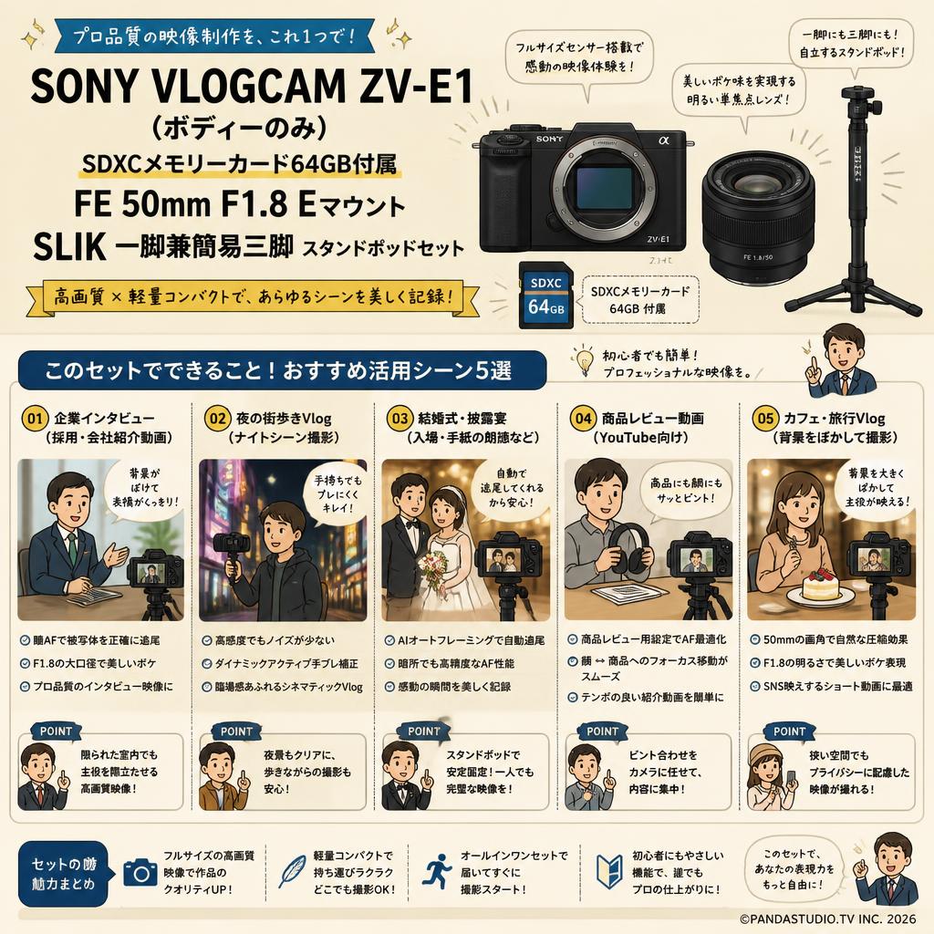 SONY VLOGCAM ZV-E1「ボディーのみ」(SDXCメモリーカード64GB付属) / FE 50mm F1.8 Eマウント / SLIK 一脚兼簡易三脚 スタンドポッドセット 用途