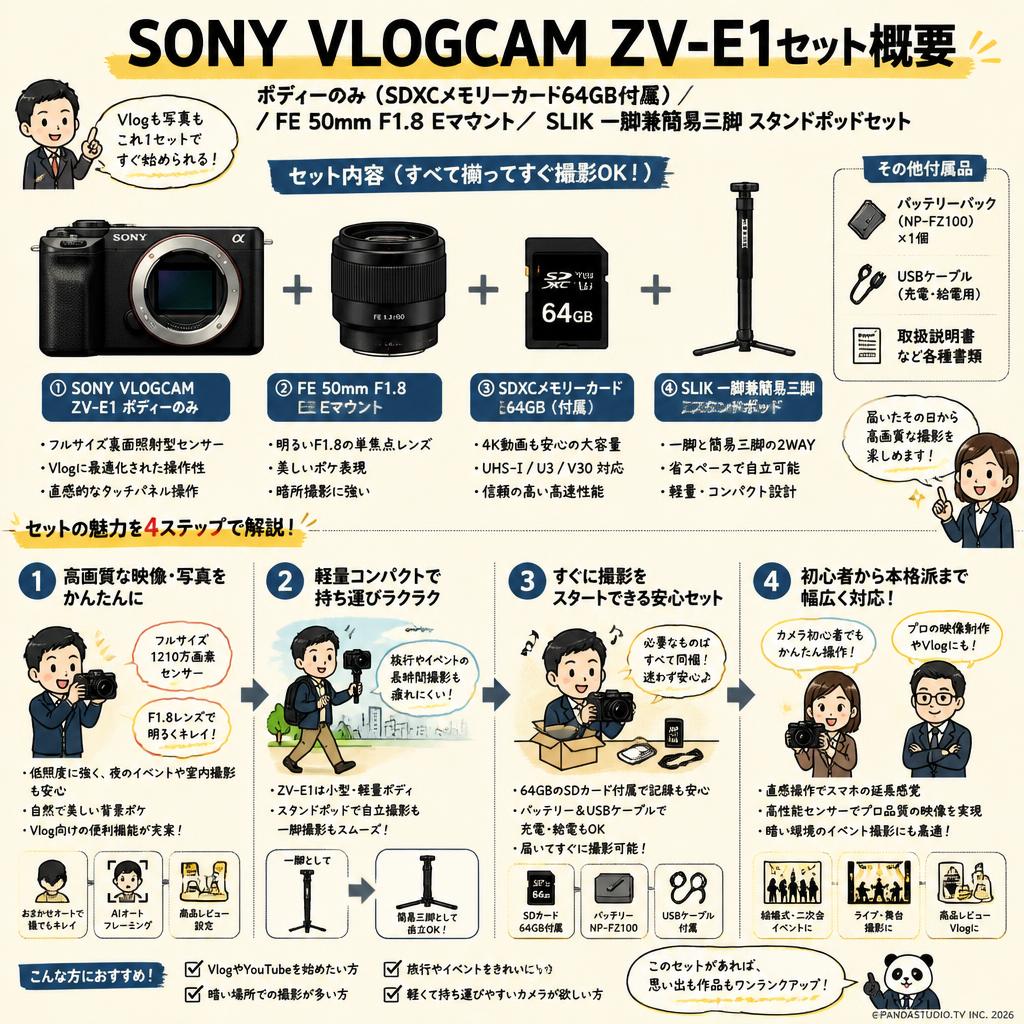 SONY VLOGCAM ZV-E1「ボディーのみ」(SDXCメモリーカード64GB付属) / FE 50mm F1.8 Eマウント / SLIK 一脚兼簡易三脚 スタンドポッドセット FAQ（よくある質問と答え）