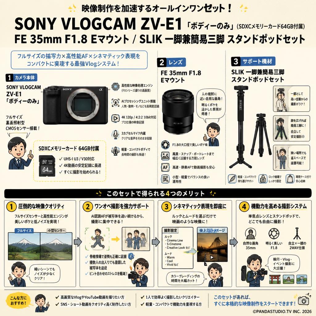 SONY VLOGCAM ZV-E1「ボディーのみ」(SDXCメモリーカード64GB付属) / FE 35mm F1.8 Eマウント / SLIK 一脚兼簡易三脚 スタンドポッドセット 概要