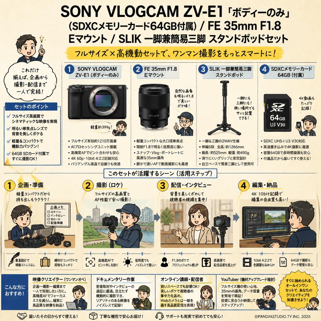 SONY VLOGCAM ZV-E1「ボディーのみ」(SDXCメモリーカード64GB付属) / FE 35mm F1.8 Eマウント / SLIK 一脚兼簡易三脚 スタンドポッドセット おもな対象のお客様