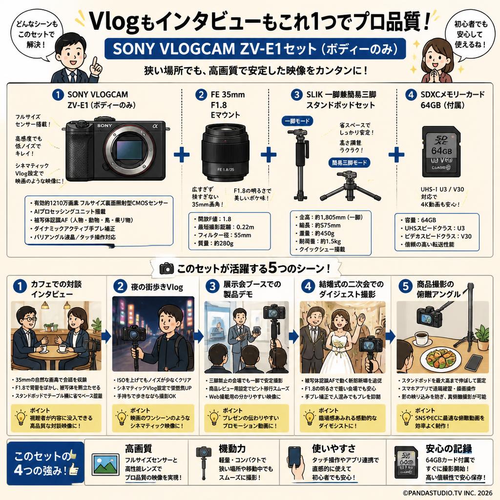 SONY VLOGCAM ZV-E1「ボディーのみ」(SDXCメモリーカード64GB付属) / FE 35mm F1.8 Eマウント / SLIK 一脚兼簡易三脚 スタンドポッドセット 用途